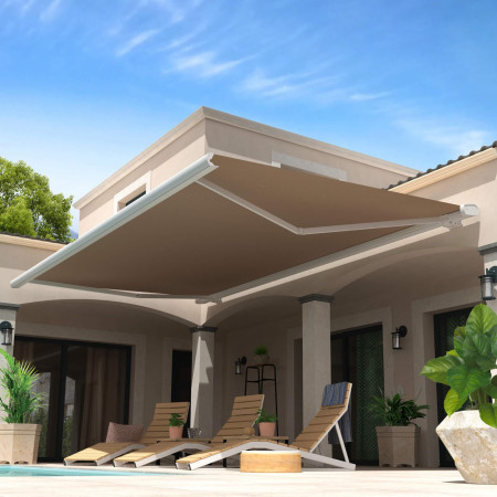 Store Banne Coffre Barbade 5 x 3,5 m Motorisé à télécommande avec manoeuvre de secours + éclairage led - Taupe