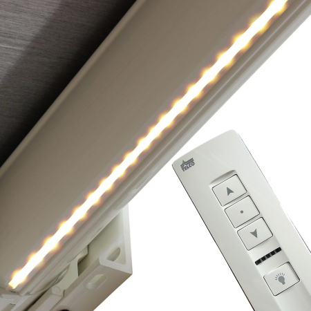 Store Banne Coffre Barbade 5 x 3,5 m Motorisé à télécommande avec manoeuvre de secours + éclairage led